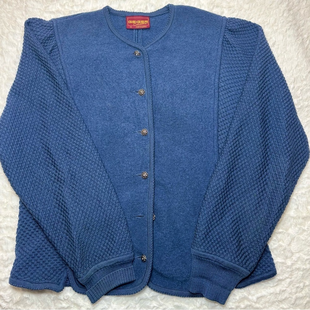 GEIGER Chic Blue Cardigan Sweater Pure New Wool!!